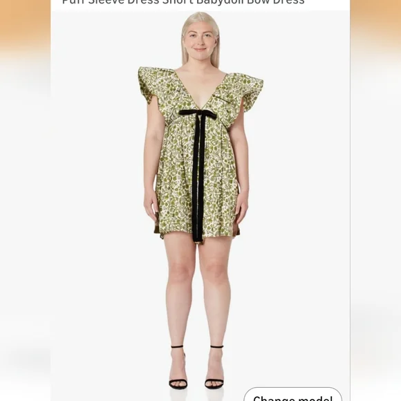 Green Floral Patterned Mini V Neck Puff Sleeve Babydoll Dress L - Picture 12 of 15